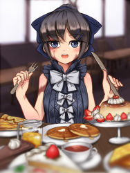 Rule 34 | 1girl, :d, banluoli, black hair, blue bow, blue eyes, blurry, blurry background, bow, bowtie, bread slice, burn scar, cake, cherry, chocolate cake, cup, depth of field, dessert, dorei to no seikatsu ~teaching feeling~, food, fork, fruit, hair bow, hair ornament, hairclip, happy, heart, heart in eye, highres, holding, holding fork, holding knife, honey, indoors, knife, large bow, looking at viewer, open mouth, pancake, pie, plate, ponytail, pudding, scar, sleeveless, smile, solo, strawberry, strawberry shortcake, sweets, sylvie (dorei to no seikatsu), symbol in eye, table, tea, teacup, toast, whipped cream
