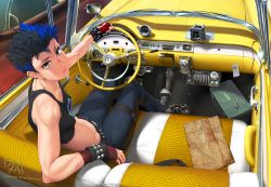Rule 34 | 1girl, bare shoulders, belt, binoculars, black hair, blue hair, box, bracelet, breasts, car, car interior, clock, commission, compass, converse, covered erect nipples, crop top, denim, feguimel, fingerless gloves, from above, from behind, gauge, gloves, gun, handgun, highres, jeans, jewelry, left-hand drive, looking at viewer, looking back, m1911, magazine (weapon), map, mirror, motor vehicle, multicolored hair, navel, original, pants, parted lips, pistol, radio, red gloves, scar, shirt, shoes, short hair, signature, sitting, sleeveless, sleeveless shirt, small breasts, sneakers, solo, spiked bracelet, spiked hair, spikes, steering wheel, tank top, thigh strap, tomboy, toned, two-tone hair, vancouver canucks, vehicle, watermark, weapon, web address, yellow eyes