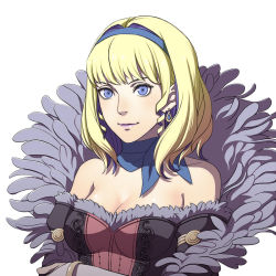 Rule 34 | 1girl, bare shoulders, blonde hair, blue choker, blue eyes, blue hair, blue hairband, breasts, choker, cleavage, colored inner hair, commentary request, constance von nuvelle, dress, earrings, fire emblem, fire emblem: three houses, fire emblem warriors: three hopes, fur trim, hairband, jewelry, kurahana chinatsu, looking at viewer, medium breasts, multicolored hair, nintendo, off-shoulder dress, off shoulder, official art, purple lips, short hair, simple background, smile, solo, upper body, white background