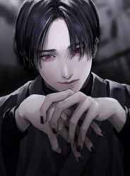 Rule 34 | 1boy, black hair, black nails, blurry, blurry background, closed mouth, hands up, highres, lips, looking at viewer, male focus, mole, mole under eye, nail polish, nose, original, own hands together, red eyes, short hair, solo, tsunko (9v2 q), upper body