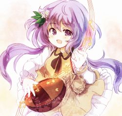 Rule 34 | 1girl, :d, beamed sixteenth notes, biwa lute, dress, eighth note, flower, hair flower, hair ornament, highres, holding, holding instrument, instrument, ka (haterun), long hair, long sleeves, looking at viewer, lute (instrument), music, musical note, one-hour drawing challenge, open mouth, playing instrument, purple eyes, purple hair, quarter note, smile, solo, touhou, tsukumo benben, yellow dress