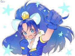 Rule 34 | 10s, 1girl, :d, animal ears, blue eyes, blue gloves, blue hair, blue neckwear, blue shirt, choker, clenched hand, crown, cure gelato, earrings, ekki, extra ears, gloves, jewelry, kirakira precure a la mode, lion ears, long hair, looking at viewer, magical girl, mini crown, open mouth, precure, shirt, signature, simple background, smile, solo, star (symbol), tategami aoi, upper body, white background