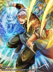 Rule 34 | 2boys, animal ears, blue hair, cat ears, claws, company name, facial tattoo, fire emblem, fire emblem: radiant dawn, fire emblem cipher, full body, headband, incoming attack, kyza, looking at viewer, multiple boys, nekobayashi, nintendo, official art, open mouth, other focus, ranulf (fire emblem), tattoo, white hair