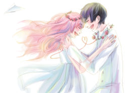 Rule 34 | 1boy, 1girl, black hair, couple, dress, flower, gayu, hetero, jewelry, just be friends (vocaloid), long hair, megurine luka, paper airplane, pink hair, ring, short hair, simple background, smile, string, string of fate, vocaloid, white dress