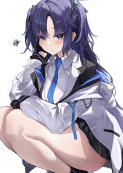 Rule 34 | 1girl, black skirt, blue archive, blue eyes, blue necktie, blush, breasts, closed mouth, halo, highres, jacket, jacket partially removed, kneeling, long hair, long sleeves, looking at viewer, mechanical halo, medium breasts, necktie, purple eyes, purple hair, shirt, simple background, skirt, solo, thighs, tol10131, triangle hair ornament, two-sided fabric, two-sided jacket, white background, yuuka (blue archive)