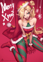Rule 34 | 1girl, :d, alternate costume, ambitious elf jinx, artist logo, asymmetrical gloves, bare shoulders, blonde hair, boots, bow, christmas, collarbone, dress, freckles, fur-trimmed boots, fur-trimmed dress, fur-trimmed gloves, fur-trimmed headwear, fur trim, gloves, green eyes, hair bow, hair over one eye, hat, highres, jinx (league of legends), league of legends, long hair, looking at viewer, merry christmas, mismatched gloves, oopartz yang, open mouth, pantyhose, patreon username, pointy ears, pom pom (clothes), red background, red bow, red dress, red footwear, red gloves, red hat, santa costume, side ponytail, simple background, sitting, smile, solo, star (symbol), strapless, strapless dress, striped clothes, striped pantyhose, wariza