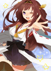 Rule 34 | 10s, 1girl, bad id, bad pixiv id, bare shoulders, black thighhighs, blue eyes, blush, brown hair, detached sleeves, double bun, hair bun, hair ornament, hairband, headgear, japanese clothes, kantai collection, kongou (kancolle), long hair, mosahusa, nontraditional miko, one eye closed, open mouth, personification, skirt, smile, solo, star (symbol), thighhighs, wink