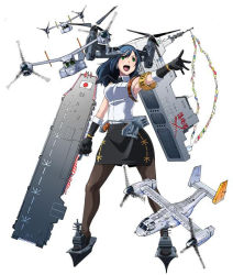 Rule 34 | &gt;:d, 10s, 1girl, :d, aircraft, airplane, armband, armpits, black gloves, black pantyhose, black skirt, blue hair, breasts, butcha-u, collaboration, elbow gloves, flag, flying, full body, gloves, green eyes, headgear, holding, holding weapon, huge weapon, izumo (jmsdf), japan maritime self-defense force, japan self-defense force, japanese flag, jpeg artifacts, kantai collection, long hair, looking afar, mecha musume, military, miniskirt, mole, mole under eye, motion blur, necktie, okamoto kazuhiro, open mouth, original, outstretched arm, outstretched hand, pantyhose, pencil skirt, propeller, ship, shirt, side slit, simple background, skirt, sleeveless, sleeveless shirt, smile, solo, standing, tag, v-shaped eyebrows, watercraft, weapon, white background, white shirt