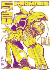 Rule 34 | 1boy, baggy pants, boots, character name, copyright name, dated, foreshortening, galo thymos, gloves, hand on own hip, highres, imaishi hiroyuki, male focus, mecha, pants, pectorals, promare, robot, signature, smile, spiked hair, topless male