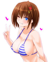 Rule 34 | 1girl, arm behind back, bikini, blue bikini, blue eyes, breasts, brown hair, commentary, covered erect nipples, engo (aquawatery), grin, hair ornament, halterneck, heart, large breasts, leaning forward, looking at viewer, lyrical nanoha, one eye closed, short hair, simple background, smile, solo, striped bikini, striped clothes, swimsuit, v, white background, x hair ornament, yagami hayate