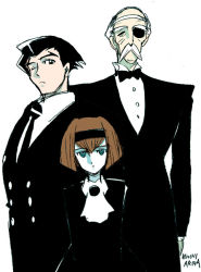 Rule 34 | 1girl, 2boys, android, ariga hitoshi, artist name, black dress, black hair, black hairband, black suit, dress, eyepatch, facial hair, formal, hairband, looking at viewer, multiple boys, mustache, norman burg, old, old man, r dorothy wayneright, red hair, roger smith, suit, the big o, white background, white hair