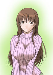 Rule 34 | 1girl, breasts, brown eyes, brown hair, kamisama dolls, large breasts, long hair, misnon the great, ribbed sweater, shiba hibino, solo, sweater, turtleneck