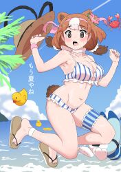 Rule 34 | 1girl, absurdres, alternate costume, animal ears, bare arms, bare legs, bare shoulders, beach, bear ears, bear girl, bear tail, bikini, blue bikini, blush, brown eyes, brown hair, choker, crab, extra ears, flower, frilled bikini, frills, hair flower, hair ornament, hat, headband, highres, jumping, kemono friends, kodiak bear (kemono friends), kumasyan1998, lucky beast (kemono friends), midriff, multicolored hair, navel, ocean, rubber duck, sandals, short twintails, solo, striped bikini, striped clothes, sun hat, sweatdrop, swimsuit, tail, thigh strap, translation request, twintails, two-tone bikini, two-tone hair, vertical-striped bikini, vertical-striped clothes, white bikini, white choker, white hair