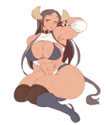 Rule 34 | 1girl, animal ears, bikini, bikini top only, collar, cow ears, cow girl, cow horns, cow tail, hanzo2929, highres, horns, muscular, muscular female, original, ronnie (hanzo2929), swimsuit, tail, wrestling outfit