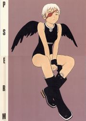 Rule 34 | 1girl, bare legs, black footwear, black wings, boots, brown background, eyepatch, form code, full body, knee boots, murata range, purple background, short hair, simple background, sitting, solo, white hair, wings, wristband