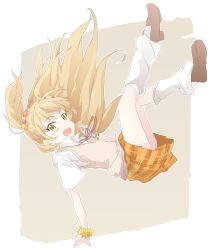 Rule 34 | 1girl, blonde hair, blush, bow, brown background, brown vest, green eyes, hair bow, idolmaster, idolmaster cinderella girls, idolmaster cinderella girls starlight stage, ixy, jougasaki rika, legs up, loafers, long hair, looking at viewer, loose socks, open mouth, orange skirt, plaid, plaid skirt, pleated skirt, school uniform, shirt, shoes, short sleeves, simple background, skirt, smile, socks, solo, teeth, two side up, vest, white shirt, white socks, wristband