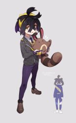 Rule 34 | 1boy, alternate costume, black hair, brown footwear, collared shirt, commentary request, creatures (company), game freak, gen 2 pokemon, gloves, grey background, hair between eyes, hairband, highres, holding, holding pokemon, jacket, kieran (pokemon), male focus, multiple views, nanaheibei 3, necktie, nintendo, open mouth, pants, partially fingerless gloves, pokemon, pokemon (creature), pokemon sv, purple necktie, purple pants, sentret, shirt, shoes, standing, white shirt, yellow eyes, yellow hairband