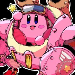 Rule 34 | absurdres, black background, blush stickers, colored skin, drawfag, goggles, helmet, highres, kirby, kirby: planet robobot, kirby (series), looking at viewer, mechanical arms, nintendo, no humans, open mouth, outline, pink skin, robobot armor, robot, simple background, smile, star (symbol), white outline