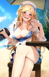 Rule 34 | 1girl, alternate costume, beach, bikini, bikini tug, blonde hair, blue bikini, blurry, blurry background, blush, breasts, cleavage, crossed legs, cup, highres, hiyashi mirano, holding, holding cup, large breasts, long hair, looking at viewer, mug, parted bangs, pointy ears, princess connect!, purple eyes, shirt, sidelocks, smile, solo, swimsuit, thighs, tied shirt, yukari (princess connect!), yukari (summer) (princess connect!)