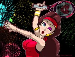 Rule 34 | 1girl, arm up, blue eyes, breasts, brown hair, donkey kong (series), earrings, eyeshadow, fireworks, hand up, hat, jewelry, lips, long hair, looking at viewer, lowres, makeup, mario (series), mario tennis, mario tennis aces, nail polish, night, night sky, nintendo, one eye closed, open mouth, pauline (mario), ponytail, red skirt, skirt, sky, solo, wink