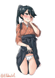 Rule 34 | 1girl, black bow, black eyes, black hair, blush, bow, closed mouth, clothes lift, cowboy shot, cropped legs, ebifurya, fundoshi, hair bow, hakama, hakama lift, hakama skirt, hand on own cheek, hand on own face, hand up, highres, houshou (kancolle), japanese clothes, kantai collection, lifted by self, long hair, looking to the side, ponytail, simple background, skirt, solo, sweat, tasuki, twitter username, white background
