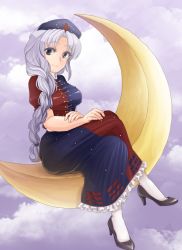 Rule 34 | 1girl, blue eyes, braid, breasts, cloud, cloudy sky, crescent moon, crossed legs, frilled skirt, frills, hands on lap, hat, high heels, inaba shounosuke, long hair, looking at viewer, medium breasts, moon, nurse cap, on crescent, pantyhose, ponytail, silver hair, single braid, sitting, sitting on object, skirt, sky, smile, solo, touhou, trigram, very long hair, yagokoro eirin