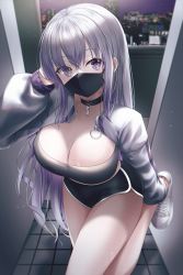 Rule 34 | 1girl, absurdres, breasts, cleavage, highres, jewelry, large breasts, leg up, long hair, long sleeves, looking at viewer, mask, necklace, original, outdoors, purple eyes, shira jun, shoes, short shorts, shorts, sneakers, sports bra, white hair