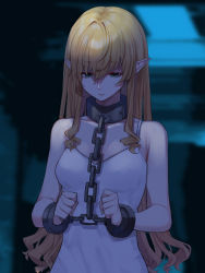 Rule 34 | 1girl, bare arms, bare shoulders, blonde hair, blue eyes, blurry, blurry background, breasts, chain, chained, clenched hands, closed mouth, collarbone, commentary request, cowboy shot, cuffs, depth of field, dress, expressionless, face down, green eyes, highres, long hair, looking down, medium breasts, mikan (chipstar182), night, original, pointy ears, restrained, shackles, solo, very long hair, white dress