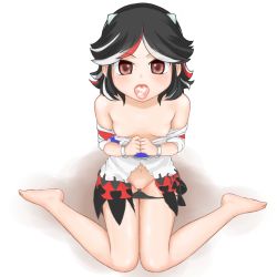 Rule 34 | 1girl, bad id, bad pixiv id, bare shoulders, black hair, breasts, cone horns, cum, cum in mouth, dress, highres, horns, kijin seija, knees together feet apart, maa (maa1), multicolored hair, off shoulder, panties, panty pull, red eyes, restrained, short dress, small breasts, solo, torn clothes, torn dress, touhou, underwear, white dress
