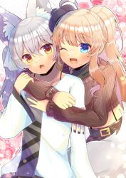 Rule 34 | 2girls, ;d, ahoge, animal ear fluff, animal ears, arm around neck, arm around shoulder, belt, belt buckle, black belt, blue eyes, brown hair, brown skirt, brown sweater, buckle, commentary request, commission, copyright request, crop top, grey hair, grey shirt, jacket, kou hiyoyo, light brown hair, long hair, long sleeves, midriff, multiple girls, one eye closed, open clothes, open jacket, open mouth, plaid, plaid skirt, ponytail, puffy long sleeves, puffy sleeves, ribbed sweater, shirt, side ponytail, skeb commission, skirt, sleeves past wrists, smile, sweater, very long hair, white jacket, wide sleeves
