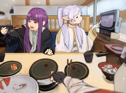 Rule 34 | 1boy, 2girls, :3, = =, bandaged arm, bandages, belt, black coat, black gloves, blunt bangs, booth seating, bowl, cape, chopsticks, coat, contemporary, cup, dangle earrings, dress, earrings, eating, elf, fern (sousou no frieren), food, frieren, gloves, hair over shoulder, hand up, higemu, highres, holding, holding chopsticks, indoors, jacket, jewelry, long hair, long sleeves, multiple girls, open clothes, open coat, open mouth, parted bangs, plate, pointy ears, pov, purple hair, red jacket, restaurant, shirt, sousou no frieren, stark (sousou no frieren), striped clothes, striped shirt, sushi, table, twintails, white cape, white dress, white hair