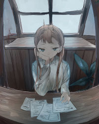 Rule 34 | 1girl, bad id, bad pixiv id, black eyes, black skirt, desk, expressionless, hand on own cheek, hand on own face, highres, horns, i7, long hair, looking at viewer, original, papers, plant, shirt, short bangs, skirt, solo, twintails, white shirt, window
