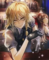 Rule 34 | aihara-rina, bar (place), bare shoulders, bartender, black gloves, black vest, blonde hair, blush, braid, brown eyes, brown hair, chinese commentary, collared shirt, commentary request, cup, detached sleeves, drinking glass, eyelashes, gloves, hakurei reimu, highres, kirisame marisa, lips, looking at viewer, looking back, no headwear, puffy short sleeves, puffy sleeves, shirt, short sleeves, sidelocks, single braid, sitting, smile, sparkle, standing, table, touhou, vest, white shirt, wine glass, wing collar, yellow eyes