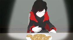 Rule 34 | 1girl, 3d, animated, animated gif, black corset, cape, cloak, cookie, corset, cross, eating, flower, food, frills, grey eyes, hood, lowres, monty oum, red cloak, red frills, red trim, rose, ruby rose, rwby, short hair