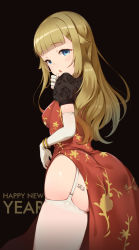 Rule 34 | 1girl, black background, blonde hair, blue eyes, blunt bangs, blush, bracelet, breasts, commentary request, dress, elbow gloves, english text, floral print, from behind, garter straps, gloves, haapi jang p, happy new year, highres, jewelry, long hair, looking at viewer, medium breasts, new year, parted lips, princess (princess principal), princess principal, puffy short sleeves, puffy sleeves, red dress, rose print, see-through, short sleeves, side slit, skindentation, solo, standing, thighhighs, white gloves