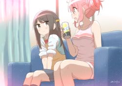 Rule 34 | 2girls, :d, bare arms, bare shoulders, black skirt, black socks, blush, bow, bowtie, breasts, brown eyes, brown hair, can, closed mouth, collared shirt, commentary request, couch, holding, holding can, kneehighs, long hair, medium breasts, multiple girls, naruse kurumi, on couch, open mouth, pink hair, pleated skirt, ponytail, profile, red neckwear, red shorts, shachiku-san to iede shoujo, shirt, short shorts, shorts, signature, sitting, skirt, sleeves rolled up, smile, socks, strong zero, sweater vest, tank top, umiroku, white shirt, white tank top, yukimura tsugumi