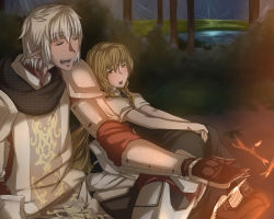 Rule 34 | 00s, 1boy, 1girl, bakuya, blonde hair, buront, closed eyes, final fantasy, final fantasy xi, forest, highres, kirisame marisa, nature, open mouth, outdoors, plant, pointy ears, the iron of yin and yang, touhou, white hair, yellow eyes