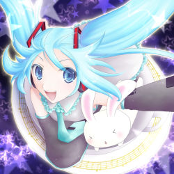 Rule 34 | &gt; &lt;, 1girl, :d, animal, aqua hair, beamed quavers, rabbit, collared shirt, detached sleeves, closed eyes, floating hair, frills, grey shirt, hair ornament, hatsune miku, headphones, long hair, minyo, musical note, necktie, open mouth, quaver, sheet music, shirt, smile, solo, star (symbol), twintails, vocaloid