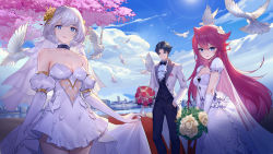 Rule 34 | 1boy, 2girls, bare shoulders, bird, black bow, black bowtie, black hair, black moon: extend, black pants, black vest, blue eyes, blue sky, bouquet, bow, bowtie, breasts, cherry blossoms, cleavage, closed mouth, cloud, cloudy sky, coat, dove, dress, elbow gloves, flower, formal, gloves, grin, hand in pocket, highres, holding, holding bouquet, lilim (black moon: extend), ling (black moon: extend), lips, long hair, looking at viewer, medium breasts, multiple girls, ninety-nine god moon, open mouth, pants, petals, pink hair, red flower, red rose, rose, short sleeves, sky, smile, tanwq, teeth, traditional bowtie, vest, wedding dress, white coat, white dress, white flower, white gloves, white hair, white rose