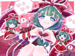 Rule 34 | !, 1girl, :d, :o, ?, blue eyes, blunt bangs, blush, bow, chibi, closed mouth, commentary, dress, frilled bow, frilled ribbon, frills, front ponytail, green hair, hair bow, heart, heart-shaped pupils, heart hands, highres, kagiyama hina, long hair, looking at viewer, mismatched pupils, multiple views, omame sakana, open mouth, puffy short sleeves, puffy sleeves, red bow, red dress, red footwear, red ribbon, ribbon, shoes, short sleeves, smile, song name, speech bubble, split mouth, spoken exclamation mark, spoken heart, spoken question mark, star-shaped pupils, star (symbol), symbol-shaped pupils, touhou