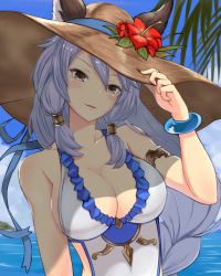Rule 34 | 10s, 1girl, adjusting clothes, adjusting headwear, animal ears, armband, bare shoulders, bracelet, breasts, brown eyes, cleavage, cloud, day, ears through headwear, erune, flower, granblue fantasy, hair between eyes, hand on headwear, hat, hat flower, heles, heles (summer) (granblue fantasy), highres, jewelry, kou v05first, open mouth, outdoors, palm tree, silver hair, sky, solo, sun hat, swimsuit, tree, upper body, water