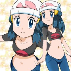 Rule 34 | 1girl, blue eyes, blue hair, blush, breasts, creatures (company), curvy, dawn (pokemon), female focus, game freak, hainchu, highres, looking at viewer, looking back, nintendo, pokemon, pokemon (anime), pokemon dppt (anime), small breasts