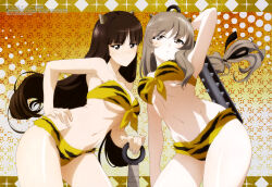 Rule 34 | 2girls, absurdres, animal print, arm up, breasts, brown hair, club, club (weapon), girls und panzer, hand on own hip, highres, horns, kanabou, long hair, looking at viewer, magazine scan, medium breasts, megami magazine, multiple girls, navel, nishizumi shiho, official art, scan, shimada chiyo, thighs, tiger print, underboob, weapon