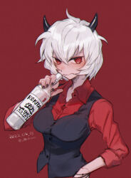 Rule 34 | 1girl, alcohol, angry, artist name, black horns, black nails, black vest, blush, bottle, bracelet, breasts, closed mouth, commentary, constricted pupils, cropped torso, dated, demon girl, demon horns, dress shirt, drink, drinking, hair between eyes, hand on own hip, helltaker, highres, holding, holding bottle, holding drink, horns, imoden, jewelry, long sleeves, looking at viewer, looking to the side, malina (helltaker), medium breasts, messy hair, nail polish, nose blush, polish text, red background, red eyes, red shirt, ringed eyes, shirt, short hair, simple background, sleeves rolled up, solo, translated, twitter username, v-shaped eyebrows, very short hair, vest, vodka, wavy mouth, white hair