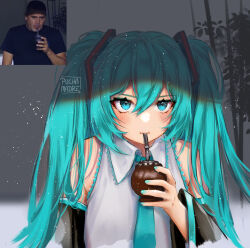 Rule 34 | 1boy, 1girl, bare shoulders, black hat, black sleeves, blue eyes, blue hair, blue nails, blue necktie, blue shirt, collared shirt, detached sleeves, drinking, fingernails, grey hair, hat, hatsune miku, highres, holding mate, juan roman riquelme, long hair, long sleeves, mate, nail polish, necktie, photo-referenced, pucha madre, real life, revision, serious, shirt, short sleeves, solo, very long hair, vocaloid, wide sleeves