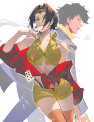 Rule 34 | 1boy, 1girl, absurdres, black hair, blue eyes, blue jacket, blue pants, breasts, card, cigarette, cleavage, collared shirt, commentary, cowboy bebop, cropped shirt, faye valentine, feet out of frame, fingernails, green eyes, grin, hairband, hand up, highres, holding, holding card, jacket, jacket partially removed, large breasts, lips, long sleeves, looking at viewer, mouth hold, nail polish, orange thighhighs, pants, panty straps, red jacket, shirt, short hair, shorts, simple background, smile, smoke trail, spike spiegel, teeth hold, thighhighs, weibo logo, weibo watermark, white background, yellow hairband, yellow shirt, yellow shorts, ziyiganmu
