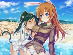 Rule 34 | 2girls, animal ears, blue eyes, brown hair, cat ears, cat tail, charlotte e. yeager, francesca lucchini, green hair, highres, long hair, military, military uniform, multiple girls, panties, rabbit ears, rabbit girl, shinashi (elside), strike witches, striped clothes, striped panties, tail, twintails, underwear, uniform, world witches series