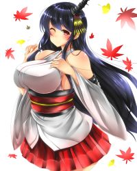 Rule 34 | 10s, 1girl, bare shoulders, black hair, blush, breasts, en (paorasuteki), fusou (kancolle), kantai collection, large breasts, leaf, long hair, looking at viewer, one eye closed, red eyes, simple background, skirt, smile, solo, white background