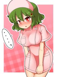 Rule 34 | ..., 1girl, bad id, bad pixiv id, blush, breasts, dress, dress tug, embarrassed, female focus, green hair, hair ornament, hairclip, hat, impossible clothes, kazami yuuka, large breasts, leaning forward, nurse, nurse cap, pink background, plaid, plaid background, red eyes, short hair, solo, tight clothes, touhou, unadare