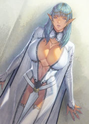Rule 34 | 1girl, blue hair, breasts, cleavage cutout, clothing cutout, earrings, elf, highres, homare (fool&#039;s art), jewelry, large breasts, long hair, mature female, original, pointy ears, purple eyes, solo